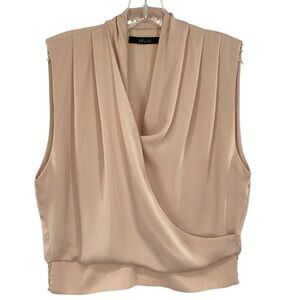 Deluc Wrap Front Tan Silky Sleeveless Blouse Top